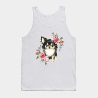 Cute Chihuahua Puppy Dog with Flowers Watercolor Art Tank Top